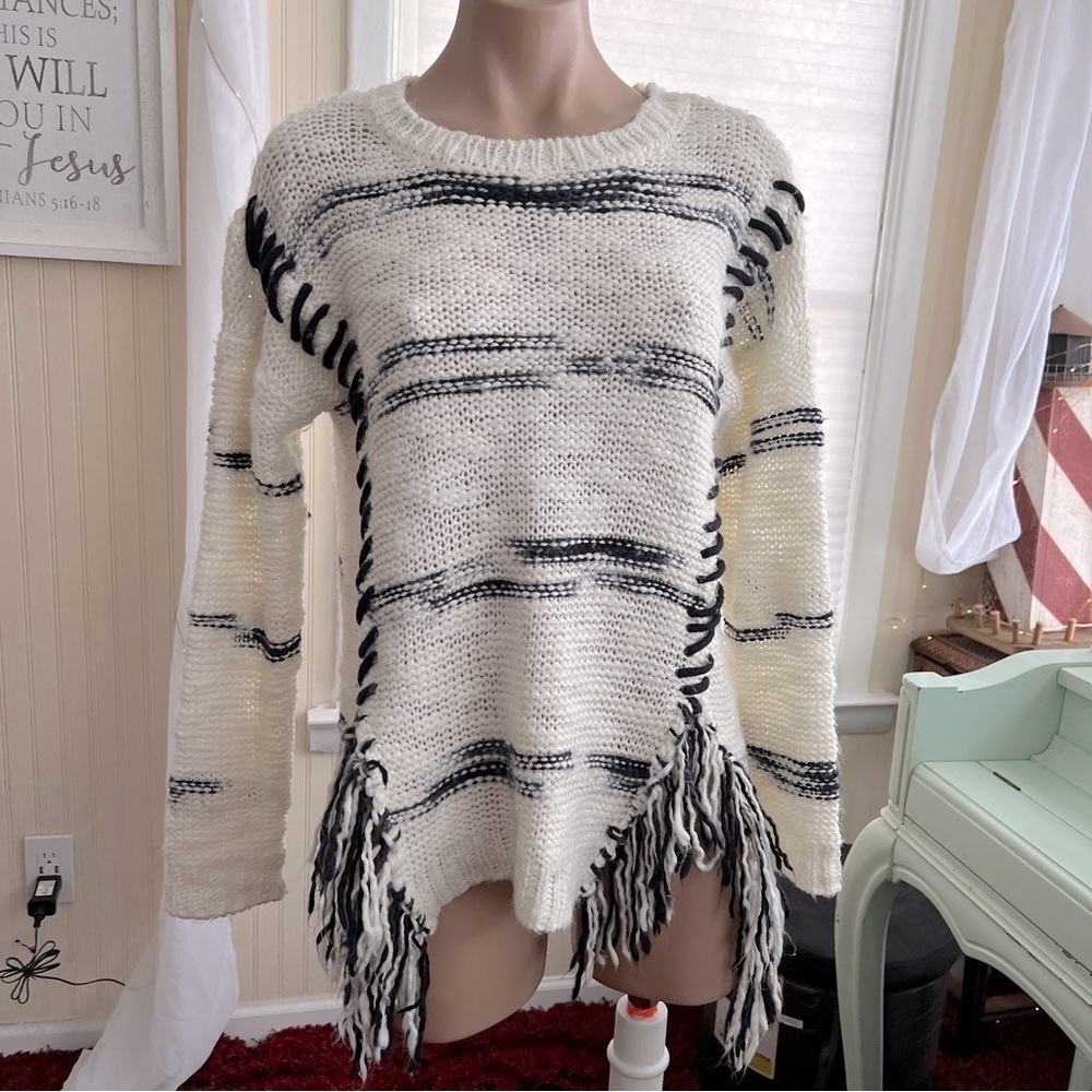 Rebecca Elliot white black fringe sweater